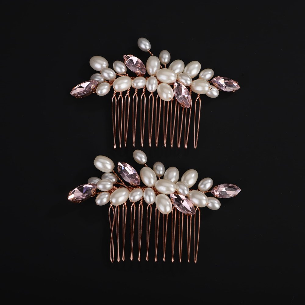 BERYUAN Pink Rhinestone Pearls Wedding Hair Comb Pearls Bridal Wedding Headpiece Dainty Pearls Hair Comb Pearls Hair Side Comb Crystal Wedding Comb for Women Girls(2pcs) (pink)