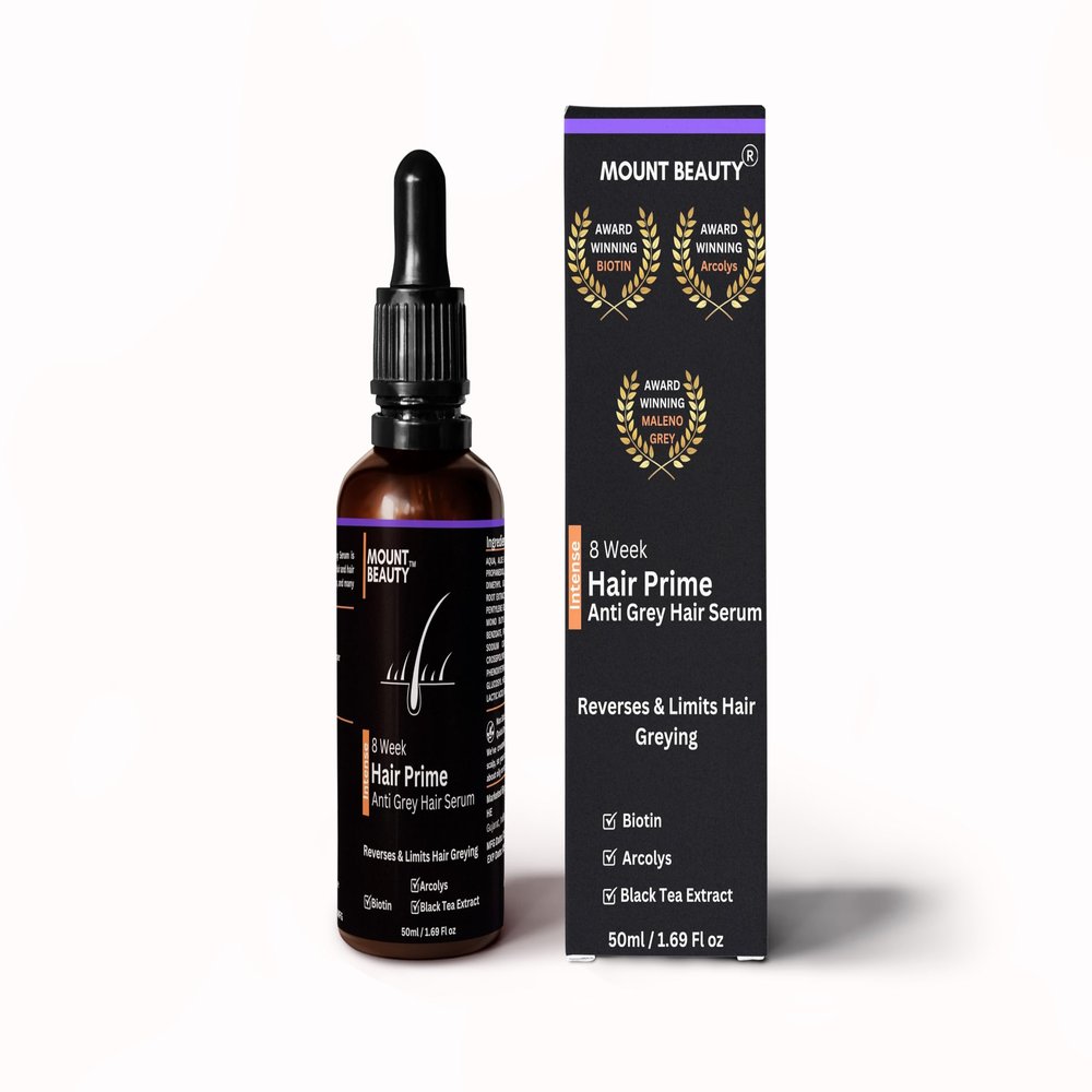 MOUNT BEAUTY Anti-Grey Hair Prime Serum | Reverses & Limits Hair Greying Biotin, Black Tea Extract | Light-Weight, Non-Sticky & Odourless | For Men and Women | 50 Ml / 1.69fl oz