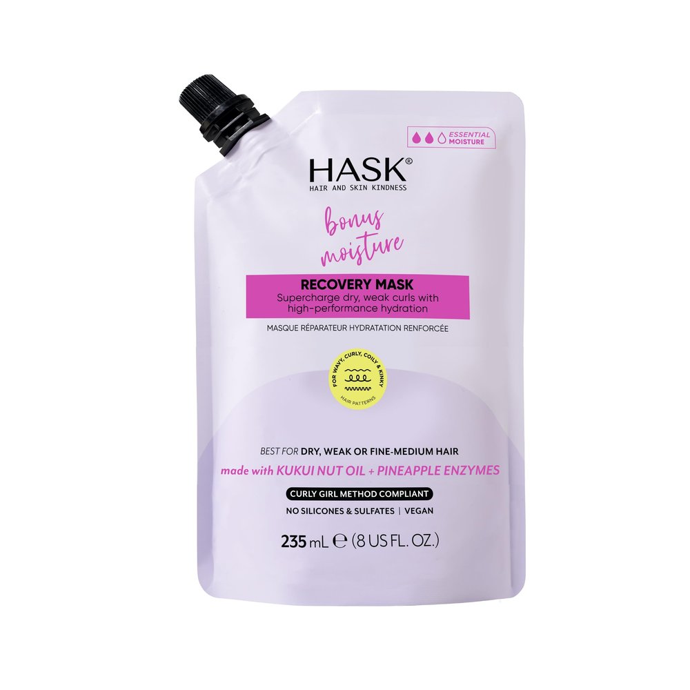 HASK Bonus Moisture Recovery Mask with Kukui Nut Oil & Pineapple Enzymes for Wavy, Curly, Coily & Kinky Hair, Hydrates, Softens, Prevents Damage, Vegan, Sulfate-Free, Cruelty-Free 8 fl oz