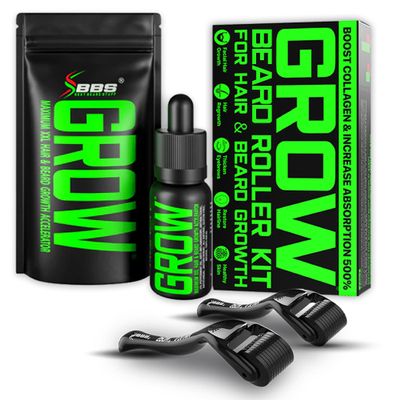 Beard Growth Kit w/ 2-Piece Beard Roller Kit (For Men of All Skin Types) + GROW XXL Mustache Serum & Facial Hair Growth Oil for Men (Made in America)
