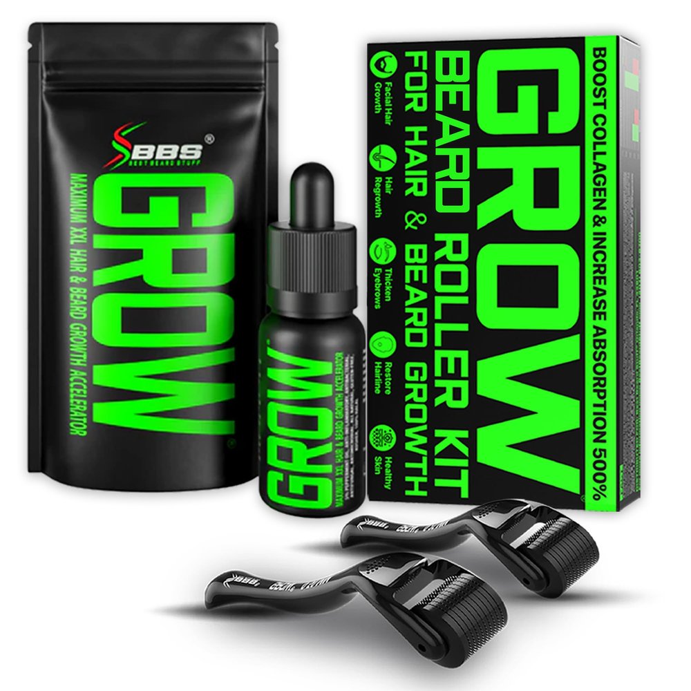 Beard Growth Kit w/ 2-Piece Beard Roller Kit (For Men of All Skin Types) + GROW XXL Mustache Serum & Facial Hair Growth Oil for Men (Made in America)