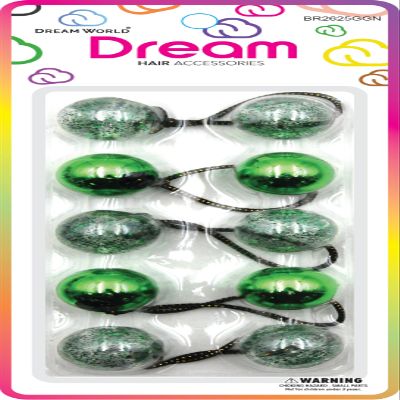 Dream World Ponytail Holder 25 MM Bead Metallic & Glitter Mix Green 5 Piece Pack