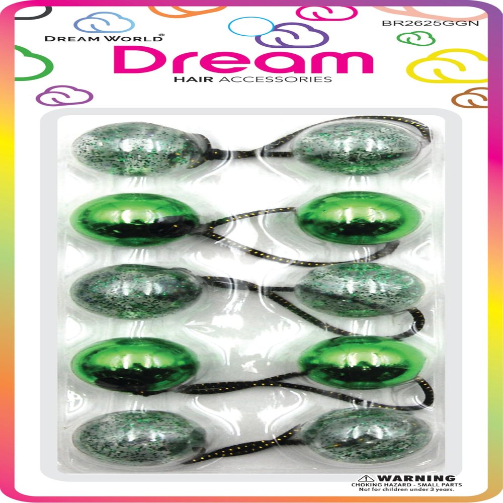 Dream World Ponytail Holder 25 MM Bead Metallic & Glitter Mix Green 5 Piece Pack