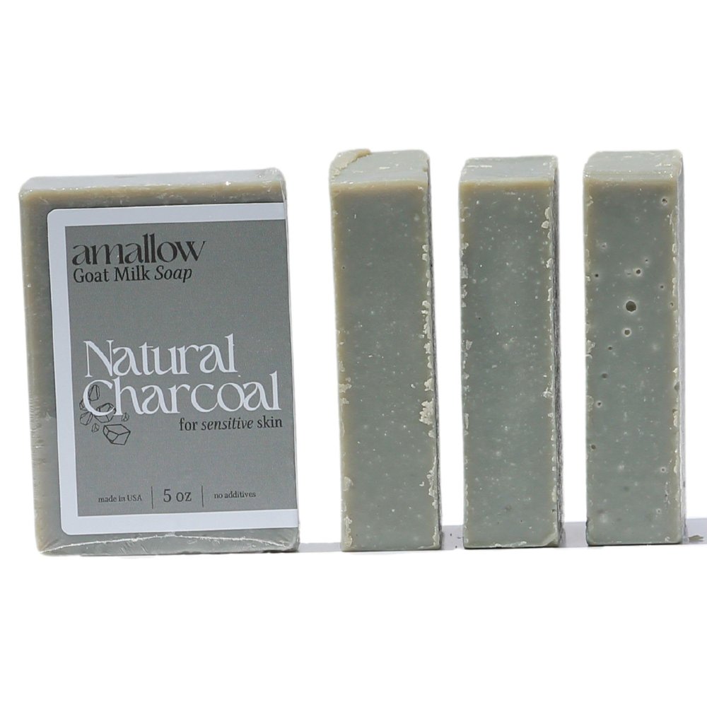 Amallow Premium Goat Milk Soap Bars - Dry Skin, Gentle, Organic & Soothing - Hand Made in USA with Real Goat Milk - Large 5 OZ (Pack of 4) - (Natural Charcoal)