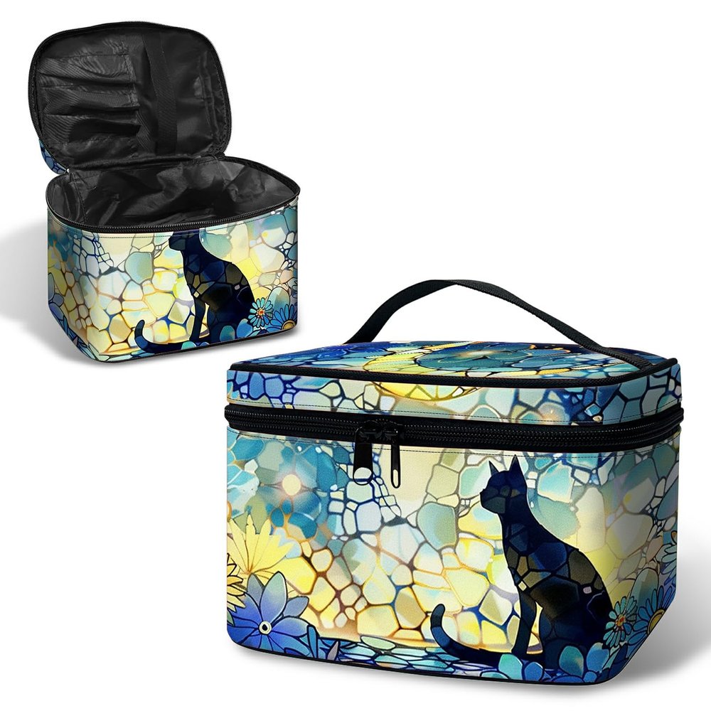 BWEGRHE Large Capacity Makeup Bag with Brush Slot, Glass Cat Moon Travel Portable Cosmetic Bag with Handle and Zipper, Women's Toiletry Storage Pouch Washable Waterproof Makeup Organizer Bag