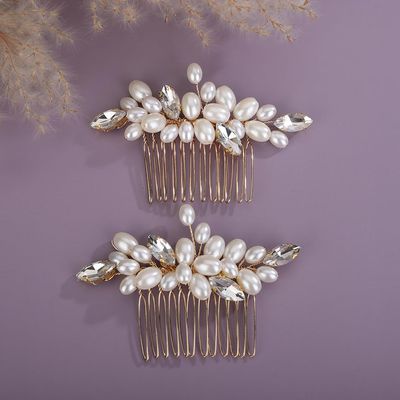 Teyglen Pearl Wedding Hair Comb Gold Rhinestone Pearl Hair Piece Bride Headpiece Bridal Crystal Pearl Hair Comb Elegant Hair Accessories for Women (Gold)