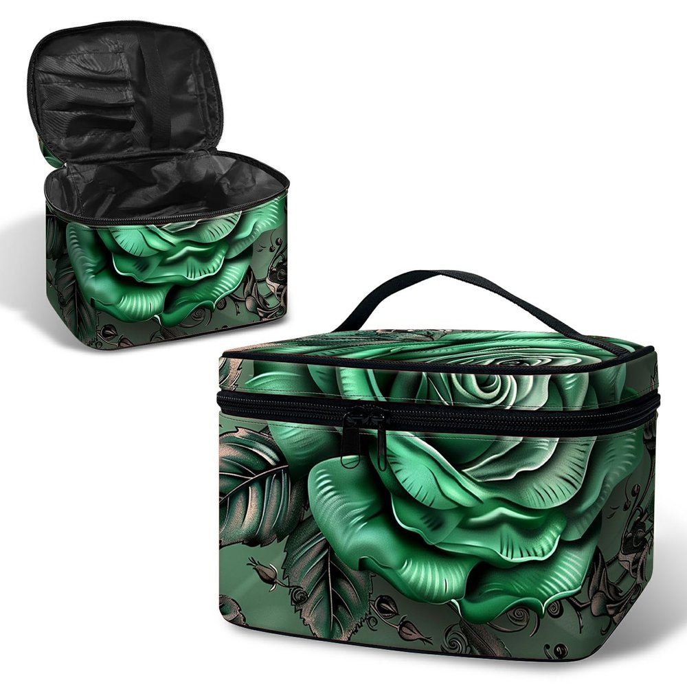 BWEGRHE Large Capacity Makeup Bag with Brush Slot, Green Rose Travel Portable Cosmetic Bag with Handle and Zipper, Women's Toiletry Storage Pouch Washable Waterproof Makeup Organizer Bag