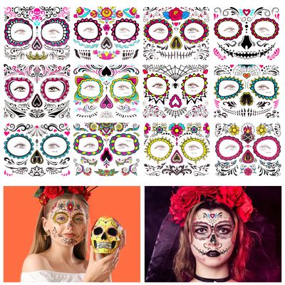 12 Sheet Day of the Dead Face Tattoos, Halloween Temporary Tattoos Face Sticker Skeleton Sugar Skull Fake Tattoos for Halloween, Masquerade and Parties
