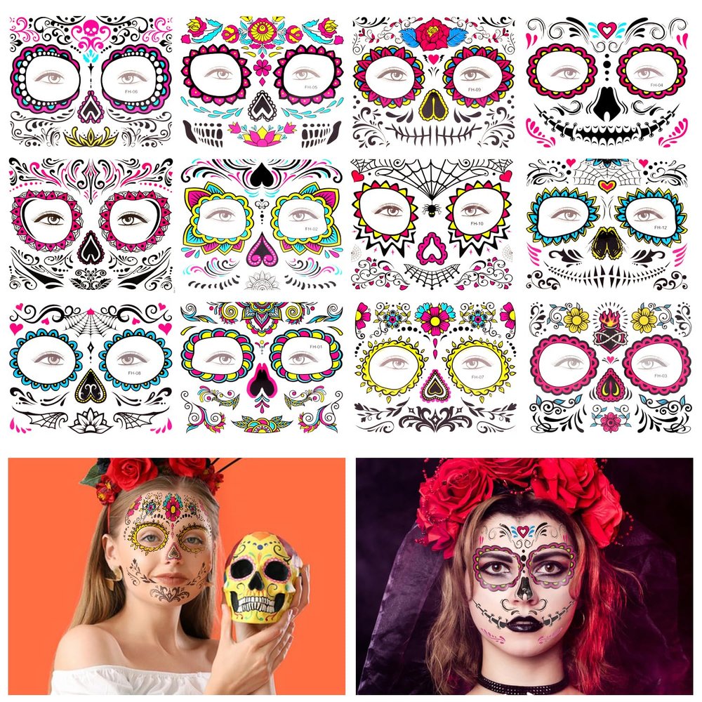 12 Sheet Day of the Dead Face Tattoos, Halloween Temporary Tattoos Face Sticker Skeleton Sugar Skull Fake Tattoos for Halloween, Masquerade and Parties