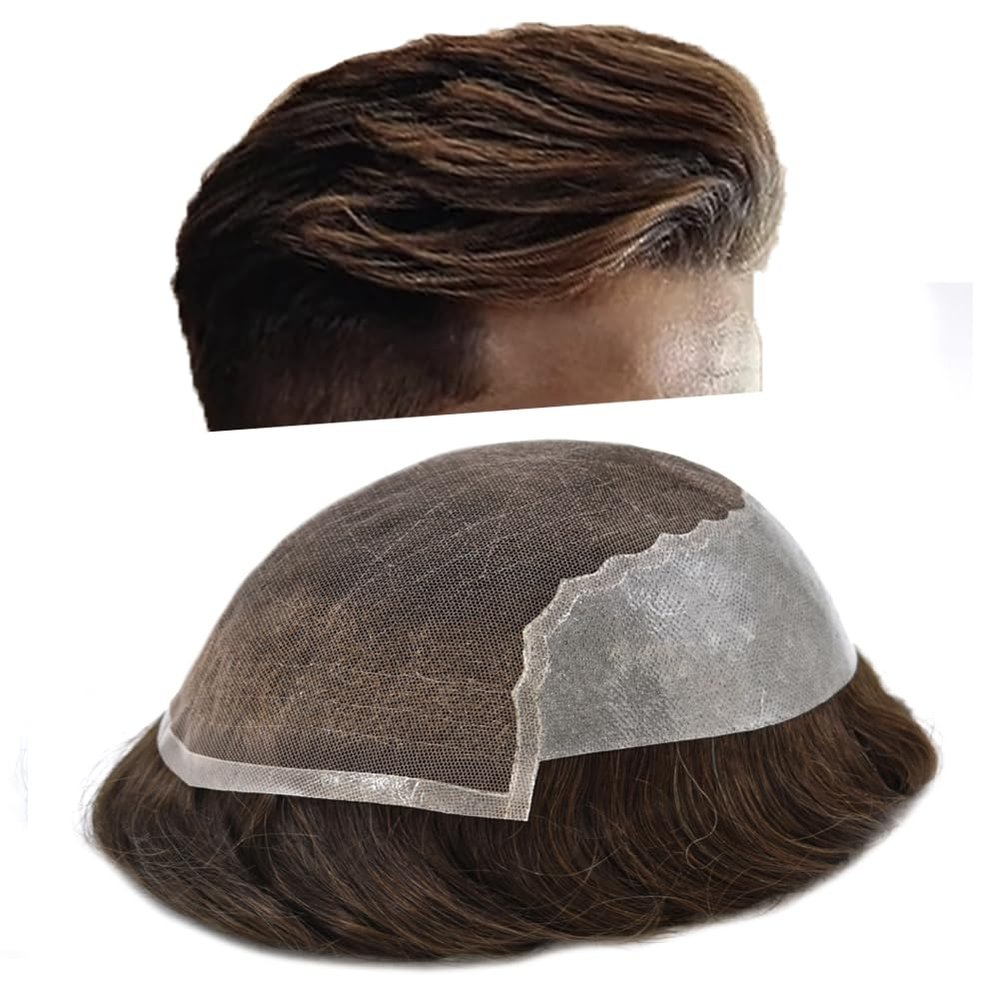 PUNRU HAIR Mens Hairpieces Hair System Toupee for Men Swiss Lace Human Hair Replacement Systems for Men Toupee Bleached Knot Real Hairline 8X10#3 Dark Brown 90% Density