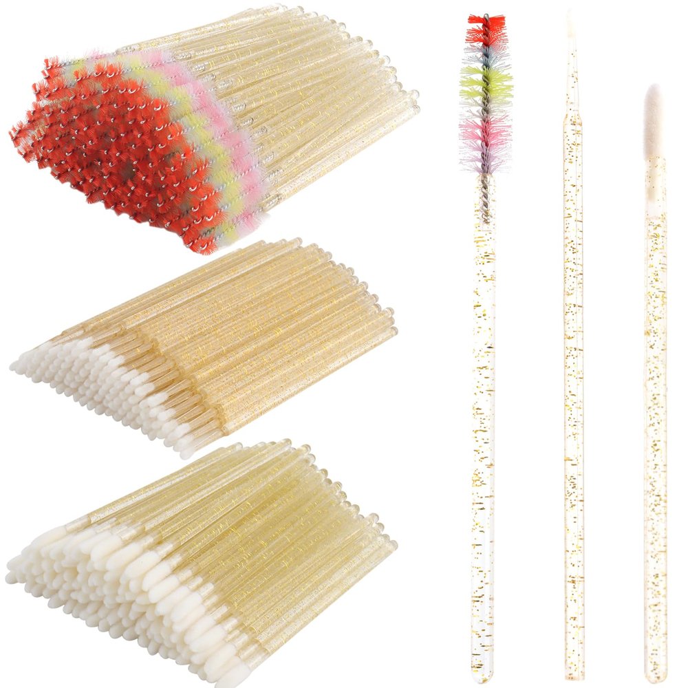300 PCS Eyelash Extension Supplies Kit, Disposable Micro Swab,Crystal Eyebrow Spoolie Lash Brush, Lip Gloss Brush, Mascara Wand Applicator(colorful+gold)
