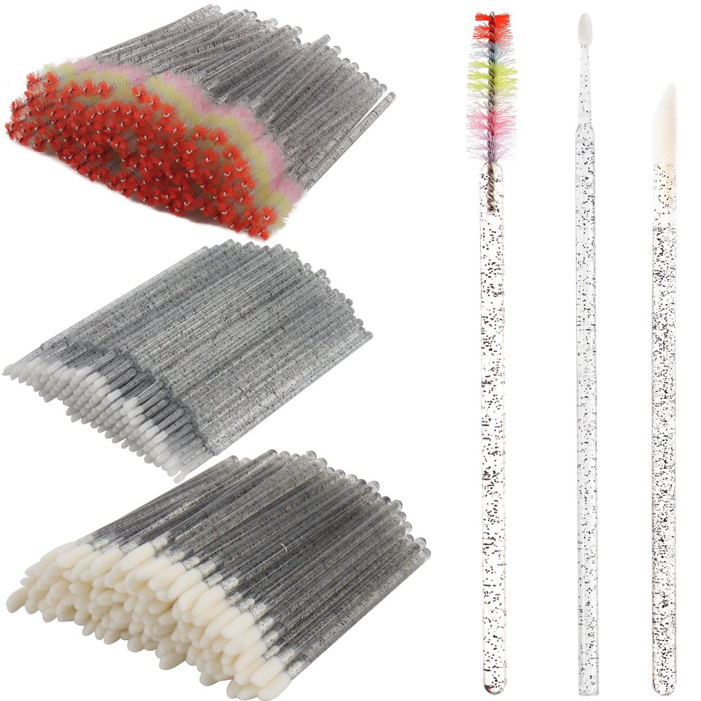 300 PCS Eyelash Extension Supplies Kit, Disposable Micro Swab, Crystal Eyebrow Spoolie Lash Brush, Lip Brush, Mascara Wand Applicatorr(colorful+black)