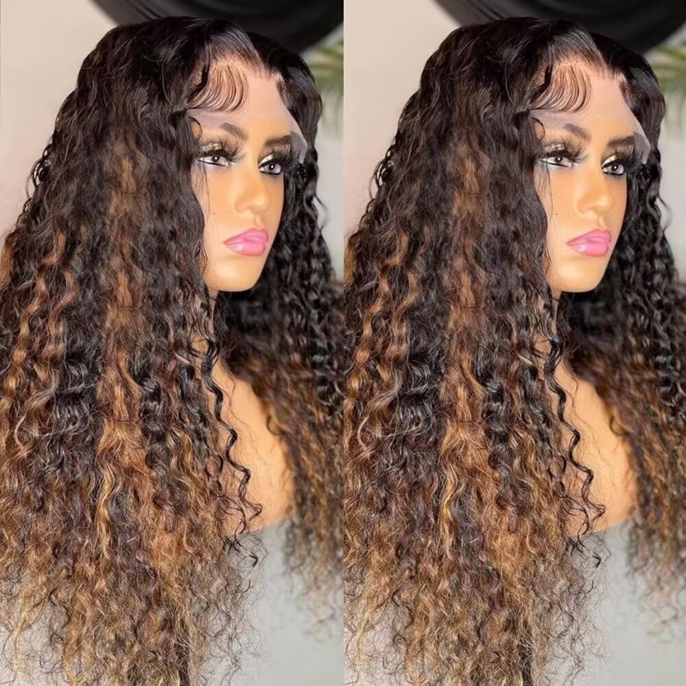 180% Density Deep Wave Human Hair HD Lace Front Wigs Pre Plucked Bleached Knots 1B/30 Ombre Colored Human Hair Culry Wigs Glueless Brazilian Remy Hair Wig Baby Hair For Black Woman 26Inch