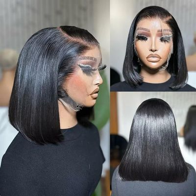 180% Density Short Bob Wigs Human Hair 13x6 Transparent HD Lace Frontal Wigs Pre Plucked Brazilian Straight Bob Lace Front Human Hair Wigs For Women Glueless Bob Wig Natural Color 14Inch