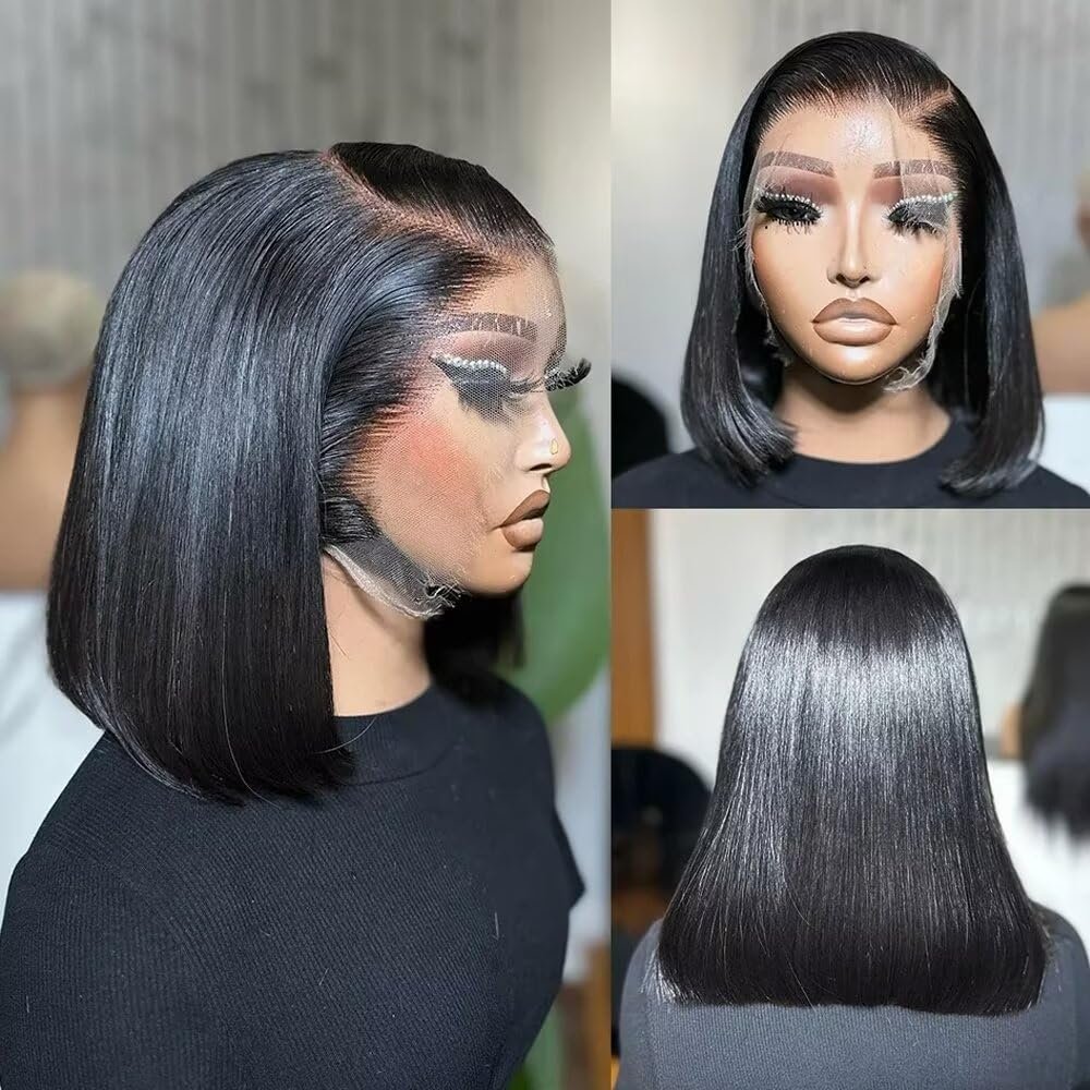 180% Density Short Bob Wigs Human Hair 13x6 Transparent HD Lace Frontal Wigs Pre Plucked Brazilian Straight Bob Lace Front Human Hair Wigs For Women Glueless Bob Wig Natural Color 14Inch