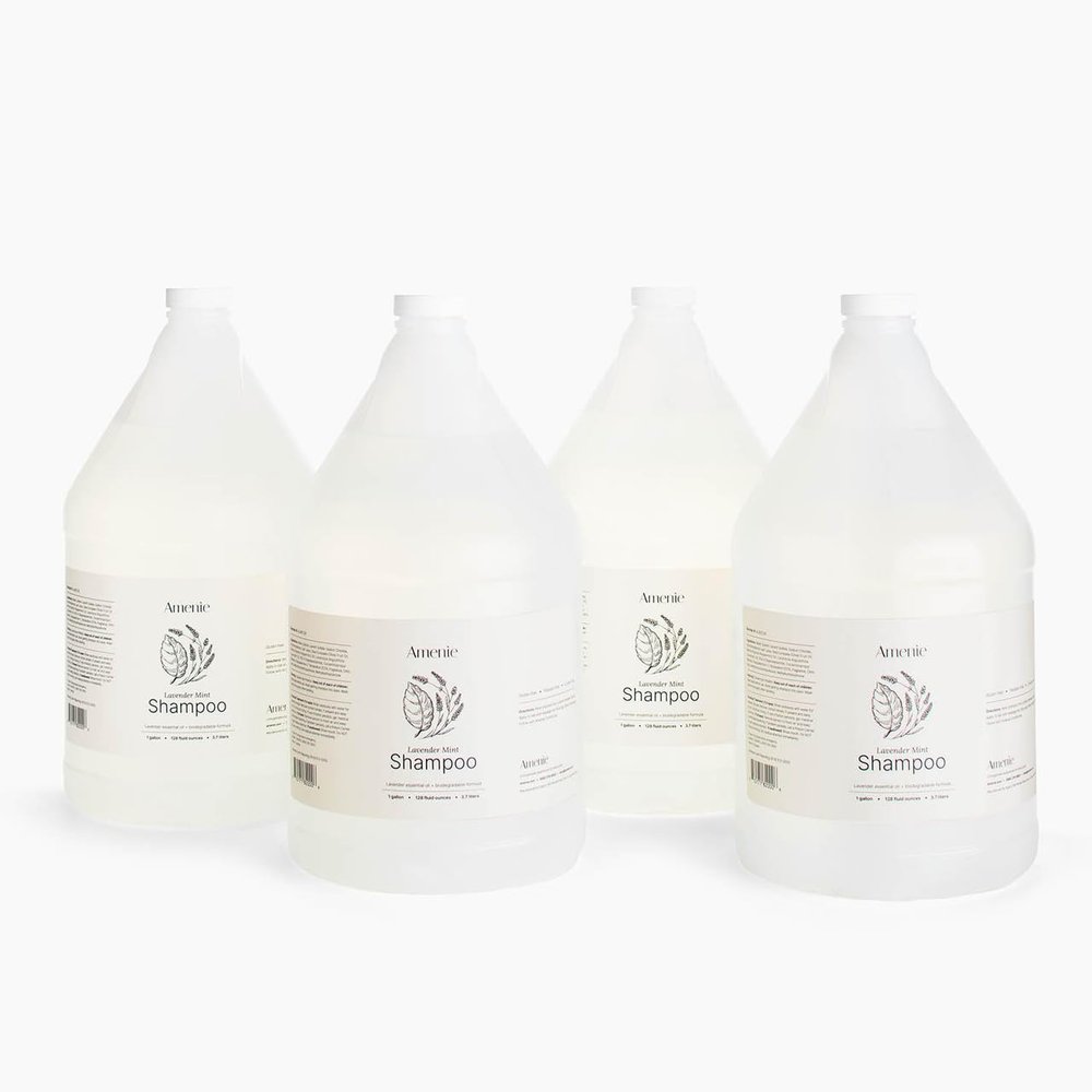 Amenie Lavender Mint Shampoo - Case of 4 Gallons, Rejuvenating Spa-Worthy Elixir with Organic Olive Oil & Aloe Vera, Paraben-Free & Vegan, For Soft, Vibrant Hair