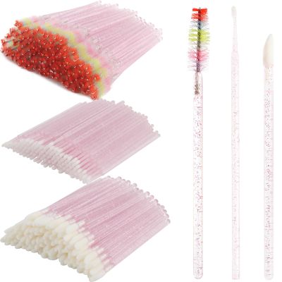 300 PCS Eyelash Extension Supplies Kit, Disposable Micro Swab, Crystal Eyebrow Spoolie Lash Brush, Lip Brush, Mascara Wand Applicatorr(colorful+light pink)