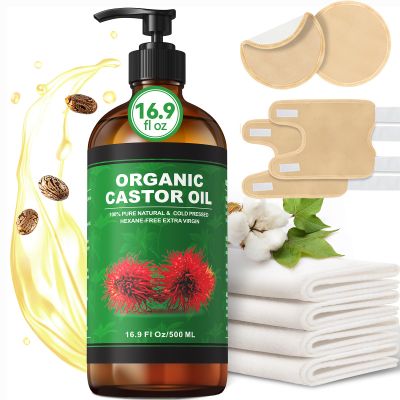 16.9 oz Castor Oil Organic Cold Pressed Unrefined Glass Bottle | 4 PCS Castor Oil Pack Wrap Organic Cotton Reusable | 2 PCS Knee Wraps & 2 PCS Breast Pads