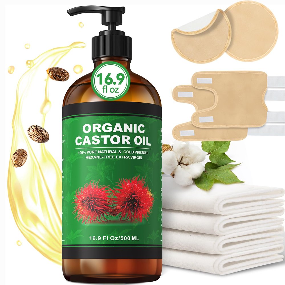 16.9 oz Castor Oil Organic Cold Pressed Unrefined Glass Bottle | 4 PCS Castor Oil Pack Wrap Organic Cotton Reusable | 2 PCS Knee Wraps & 2 PCS Breast Pads