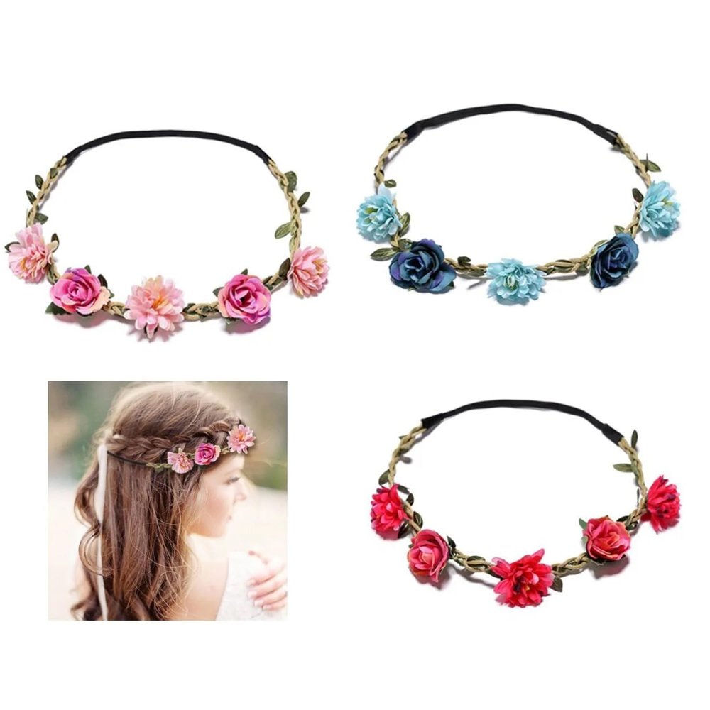 ArrErr 3 Pack Flower Crown Wreath Headband Flower Girl Headpiece Floral Hair Bands Spring Summer Hair Accessories for Princess Teen Girls Wedding Birthday Party Cosplay Bridesmaid Bride Photo Props