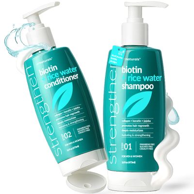 Biotin Rice Water Shampoo and Conditioner Set - Sulfate-Free Formula  Dual Bottle - Made with Collagen, Keratin, and Jojoba to Promote Strength, Shine, and Growth 16 Fl Oz 2 PK