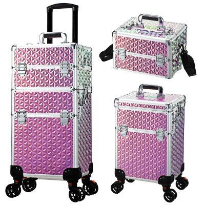 Rolling Makeup Train Case, 3-in-1 Makeup Trolley, Cosmetology Case on Wheels, Travel Makeup Organizer Case for Salon Barber Cosmetology Students, Nail Technicians, Hairstylists, and MUAs, Shiny Pink