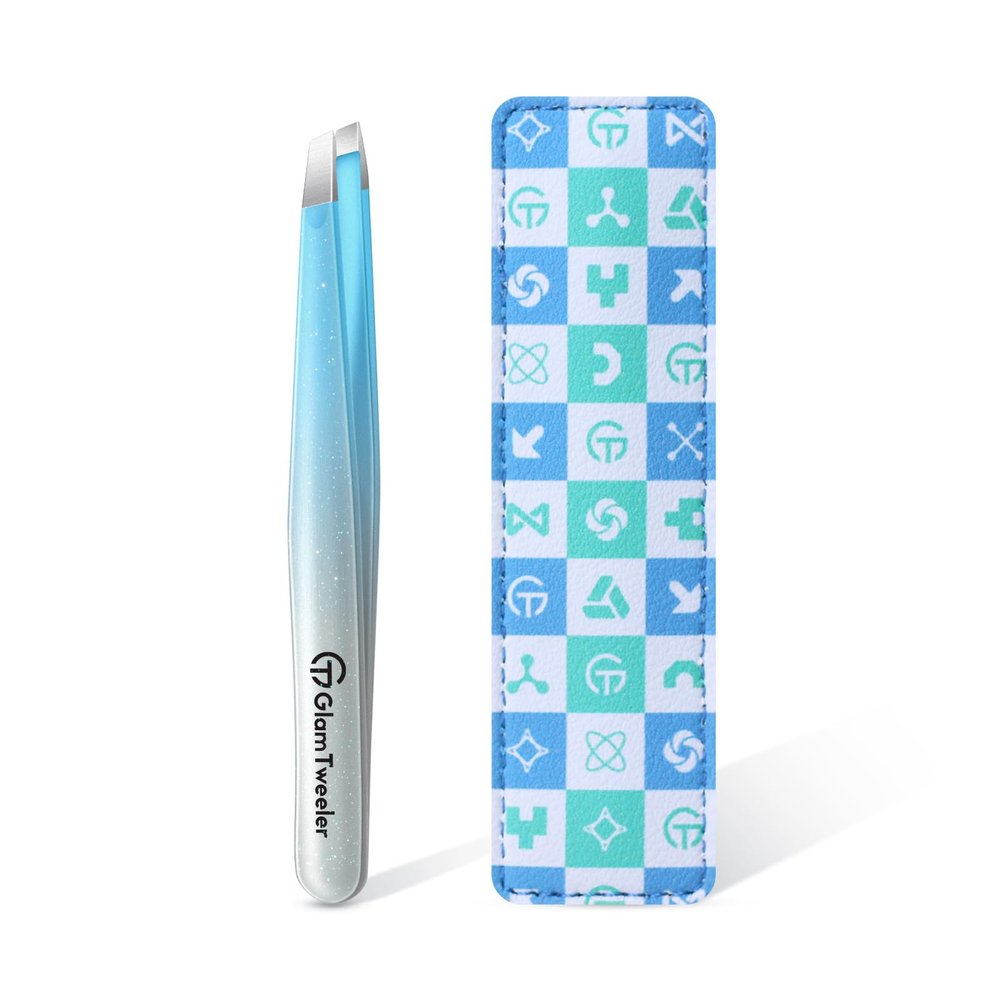 Expert Slant Tip Tweezers with Leather Case, GlamTweeler Sharp & Precision Stainless Steel Tweezer for Eyebrows, Facial Hair and Fine Hairs Removal (Sparkle Blue & Silver)