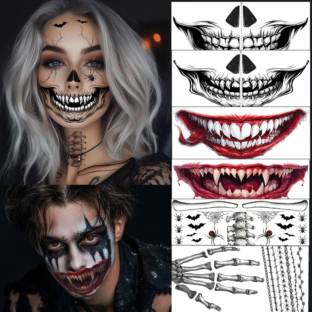 8Pcs Skeleton Face Tattoo Halloween AccessoriesHalloween Tattoos Ghost Face Temporary Tattoo,Halloween Make Up Halloween Face Tattoos Stickers Zombie Makeup Kit (B-skeleton+zombie face tattoo)
