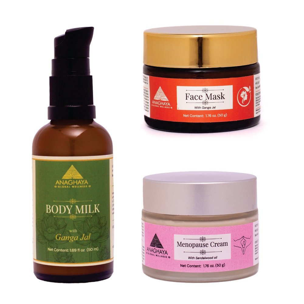 Anaghaya Wellness Trio: Menopause Cream, Hydrating Body Milk, and Radiant Face Mask with Sandalwood, Ganges Water, and Clarified Butter