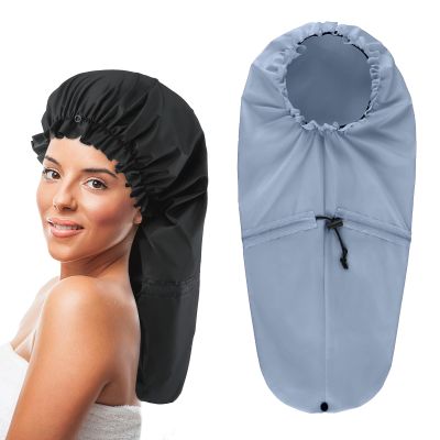 2 Pcs Large Shower Cap for Braids, Extra Long Shower Cap for Women Long Hair & Locs, Waterproof Hair Bonnets for Dreadlocks Drawstring Bath Caps for Women & Men (Black, Grey)