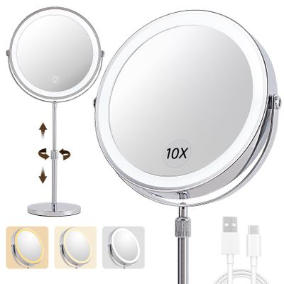 1X/10X Magnifying Makeup Mirror with Lights - 9" Large Dual-Sided Vanity Mirror with 3 Color Lights for Women's Travel Cosmetic Mirror | 3000 mAh-USB Rechargeable | 360 Rotation | Adjustable Height