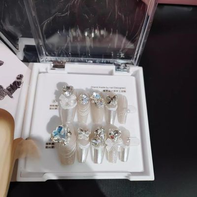 Handmade wearable nail tie with full diamond and detachable fake nail stickers(L)