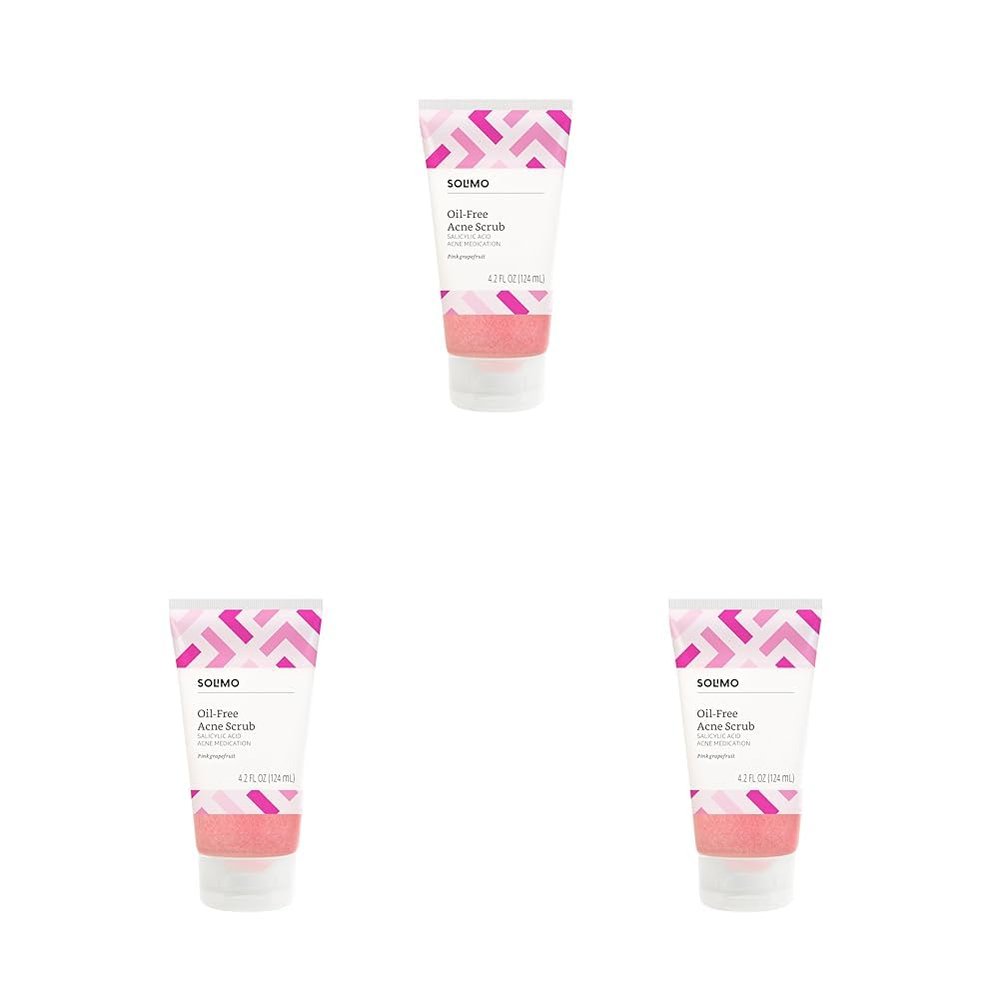 Amazon Brand - Solimo Oil-free Pink Grapefruit Facial Scrub, 2% Salicylic Acid Acne Medication, Dermatologist Tested, 4.2 fl oz (Pack of 3)
