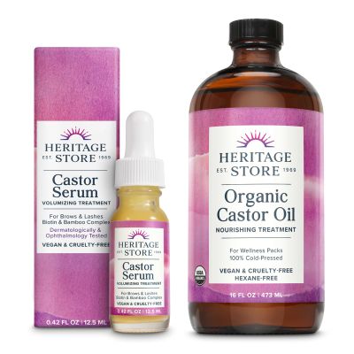 HERITAGE STORE Castor Serum and Organic Castor Oil Bundle - Volumizing Treatment for Longer-Looking Lashes and Bold Brows and Thicker, Fuller-Looking Hair - Vegan, 60-Day Guarantee, 0.42oz, 16oz