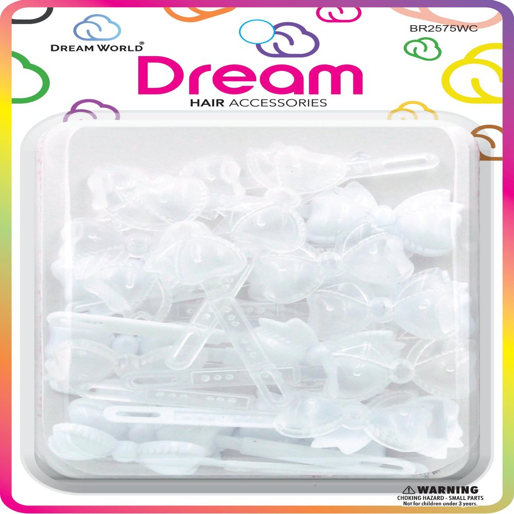 Dream World Self Hinge Barrette Ribbon Clear & White Mix 24 Piece Pack BR2575WC