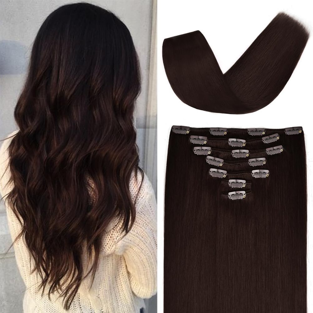 14 inches Clip in Hair Extensions Real Human Hair - 70g 7pcs 16 Clips Straight 100% Remy Human Hair Extensions for Women Dark Brown #2 Color