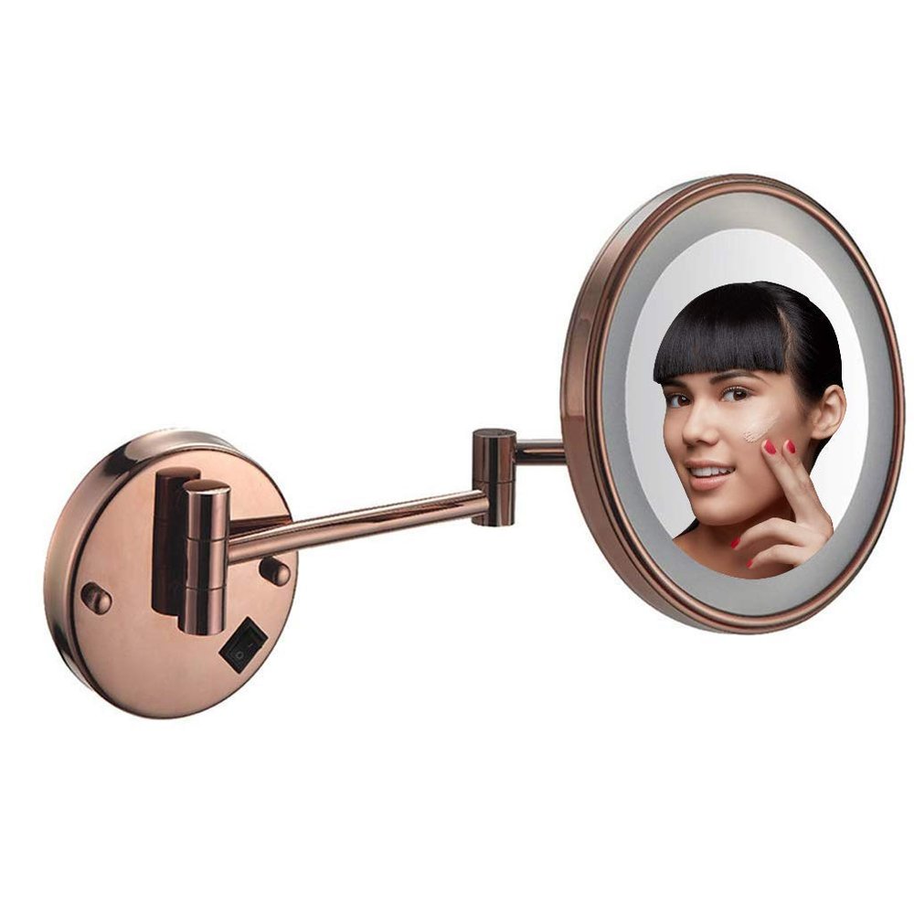 Makeup Mirror Wall Mount 8 inch Bathroom Shaving Mirror Wall Mounted, Luminated 5X Magnification/Color/Rosed