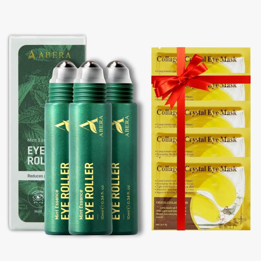 Abera Eye Roller Serum for Men  Eye Bags, Dark Circles & Puffiness Treatment  Mint Essence with Vitamin C & Peptides 0.34 fl oz (Set 3 + 5 Eyemask)