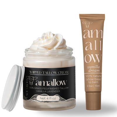 Amallow 100% Grass Fed Beef Tallow Skincare & Lip Balm Set - Whipped Moisturizer for Face & Body (Vanilla Lavender) + All Natural Tallow Lip Balm (Vanilla Dream)