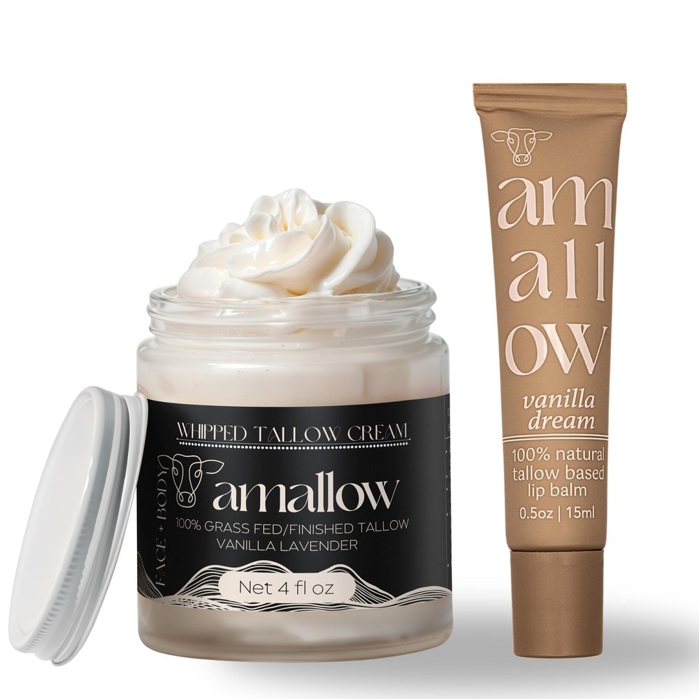 Amallow 100% Grass Fed Beef Tallow Skincare & Lip Balm Set - Whipped Moisturizer for Face & Body (Vanilla Lavender) + All Natural Tallow Lip Balm (Vanilla Dream)