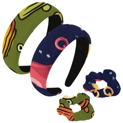 2 Pcs Polyester Wide Headbands and Scrunchie for Women, Cartoon Colorful Bell Headbands Non-Slip Hair Band Fashion Hair Hoop for Girls Hair Accessories