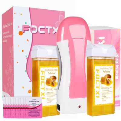 FOCTXI Roll On Waxing Kit for Sensitive Skin - Hair Removal with 2 Honey Soft Wax Cartridges and 100 Non-Woven Wax Strips, 10 Wipes