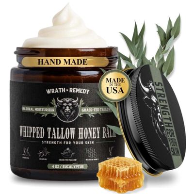 Organic Beef Tallow for Skin - 4 OZ (Eucalyptus) Grass Fed Beef Tallow for face + Body US-Made Whipped Tallow and Honey Balm Moisturizer for Dry and Sensitive Skin, Eczema, Rosacea (No Additives)