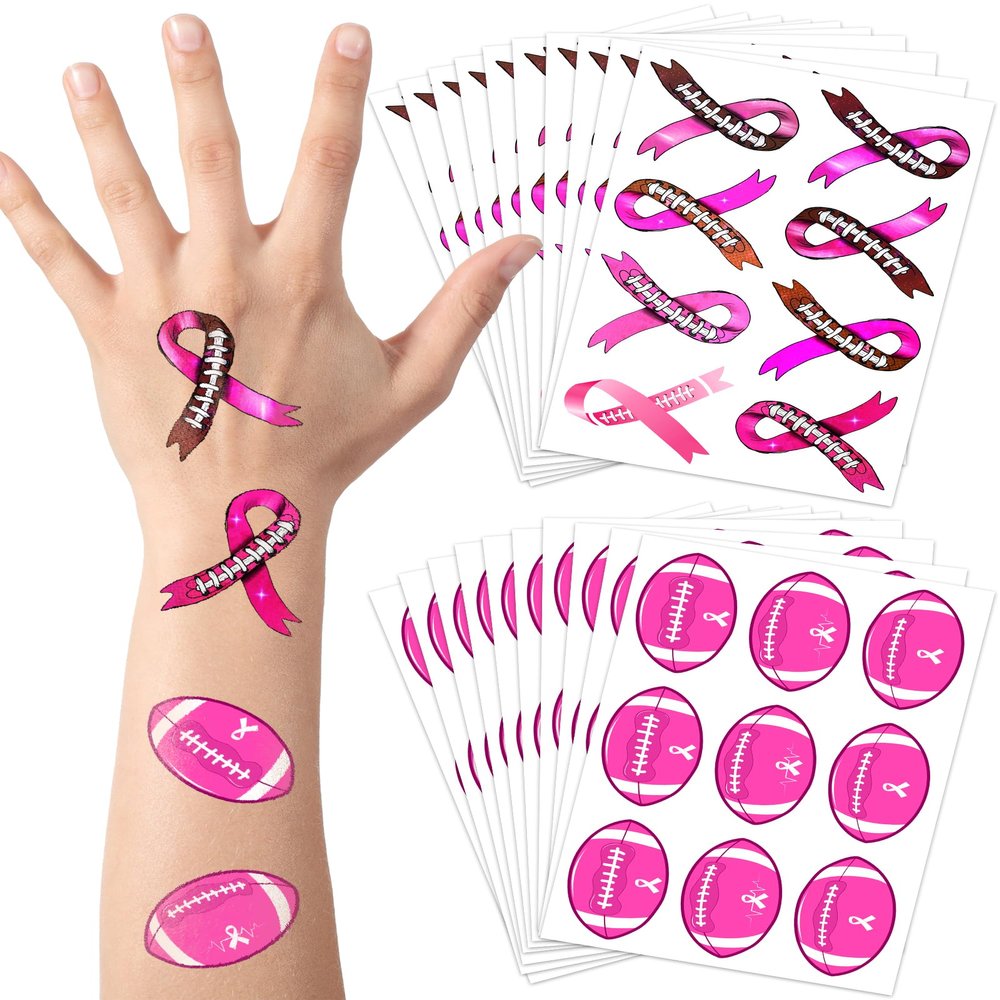 170 Pieces Pink Ribbon Football Temporary Tattoos Stickers,20 Sheets Pink Out Football Breast Cancer Awareness Themed Tattoos Stickers Party Decoration Supplies favors for Kids Adults