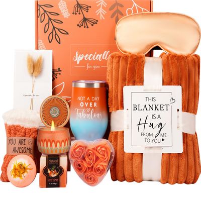 Mom Christmas Gifts Cozy,Orange Relaxing Gifts Basket for Women Grandma Girlfriend Her Sister Wife Birthday,Self Care Get Well Spa Care Package w/Blanket,Xmas Gifts for Mom Mother in Law Grandma Women