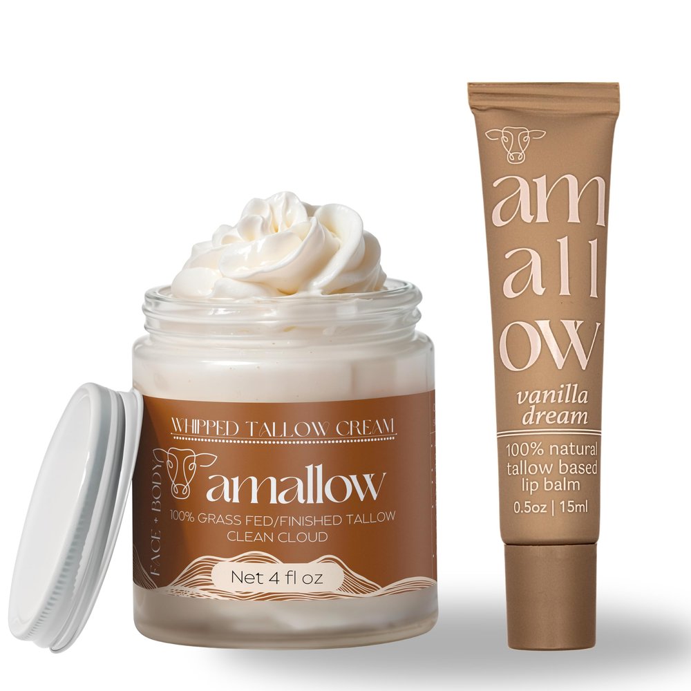 Amallow 100% Grass Fed Beef Tallow Skincare & Lip Balm Set - Whipped Moisturizer for Face & Body (Clean Cloud) + All Natural Tallow Lip Balm (Vanilla Dream)