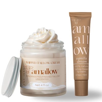 Amallow 100% Grass Fed Beef Tallow Skincare & Lip Balm Set - Whipped Moisturizer for Face & Body (Unscented) + All Natural Tallow Lip Balm (Vanilla Dream)