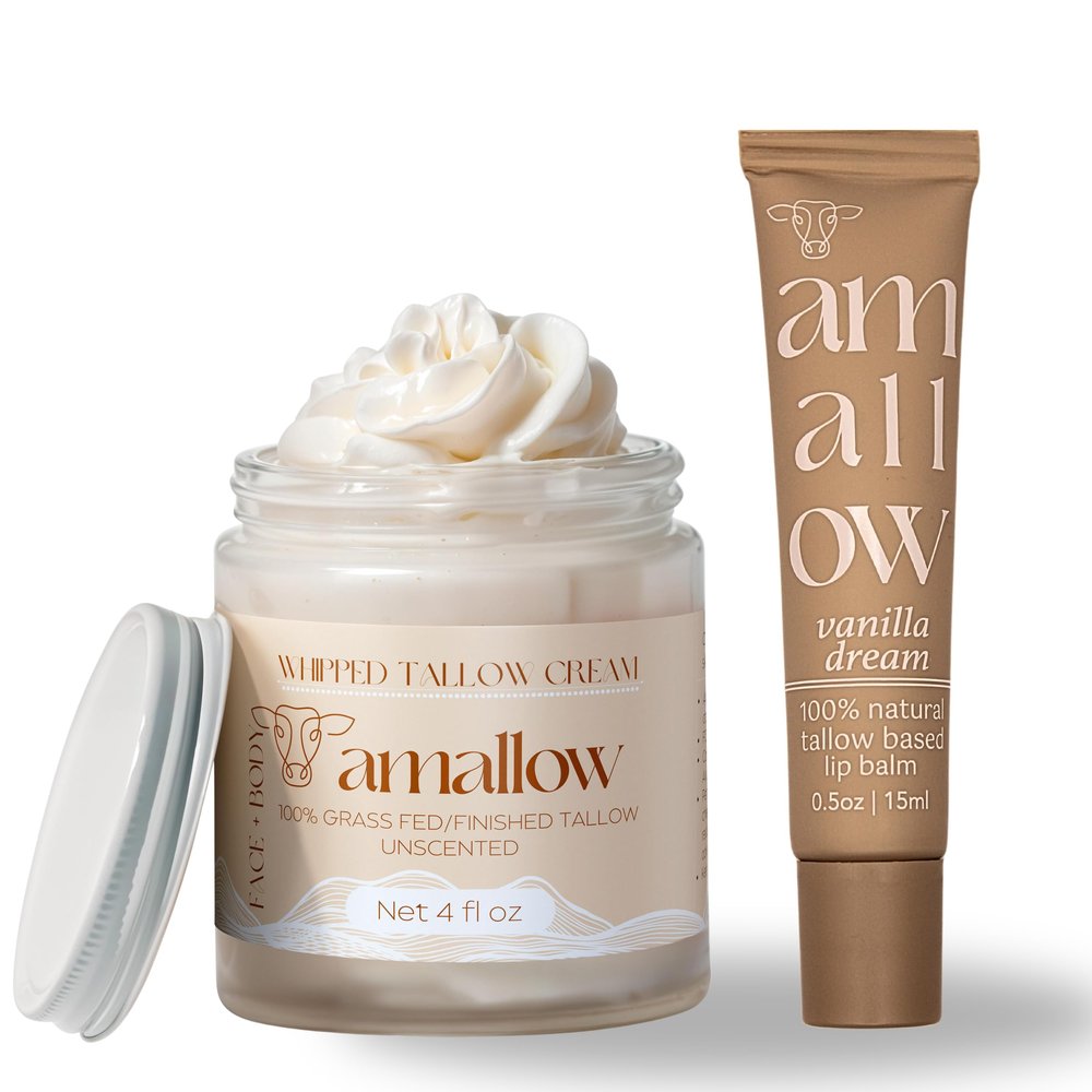 Amallow 100% Grass Fed Beef Tallow Skincare & Lip Balm Set - Whipped Moisturizer for Face & Body (Unscented) + All Natural Tallow Lip Balm (Vanilla Dream)