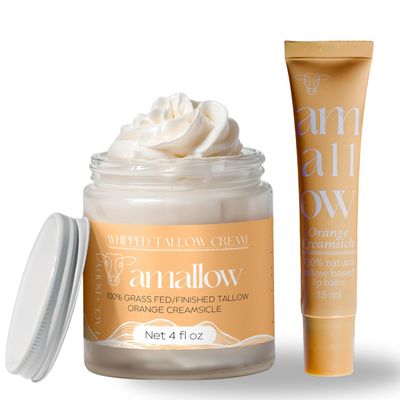 Amallow 100% Grass Fed Beef Tallow Skincare & Lip Balm Set - Whipped Moisturizer for Face & Body (Orange Creamsicle) + All Natural Tallow Lip Balm (Vanilla Dream)