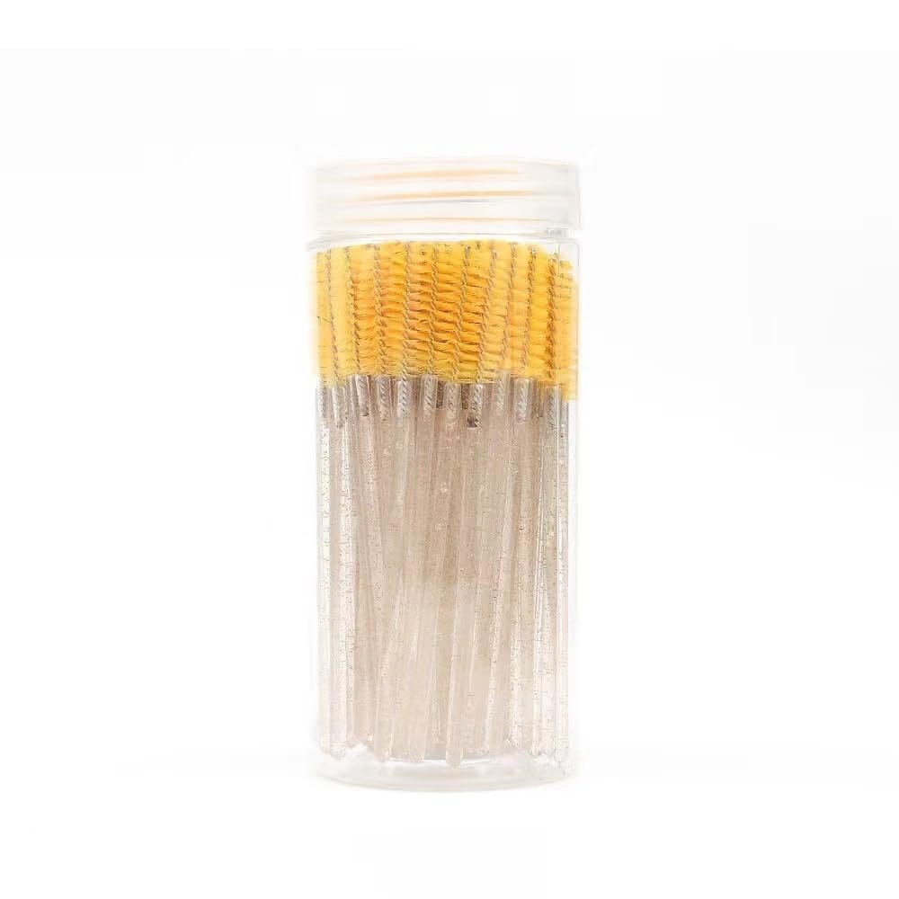 100 Pcs Disposable Mascara Wands, Crystal Eyebrow Spoolies Brush for Eyelash Extensions, Black Lash Brushes with Container (yellow)